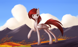 Size: 1600x964 | Tagged: safe, artist:alphaaquilae, imported from derpibooru, oc, oc only, pegasus, pony, mountain, mountain range, raised hoof, solo