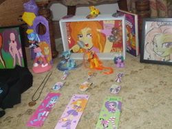 Size: 3488x2616 | Tagged: safe, artist:blazingdazzlingdusk, imported from derpibooru, adagio dazzle, aria blaze, sonata dusk, equestria girls, rainbow rocks, badge, blind bag, bookmark, boots, clothes, collection, custom, customized toy, doll, female, figure, irl, magnet, necklace, painting, photo, picture frame, shadowbox, shirt, shrine, stage, the dazzlings, toy