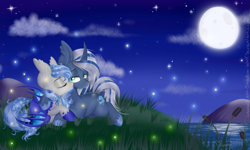 Size: 1023x614 | Tagged: safe, artist:pvrii, artist:silent-shadow-wolf, imported from derpibooru, oc, oc only, oc:coastal frost, oc:midnight radiance, bat pony, pony, moon, night