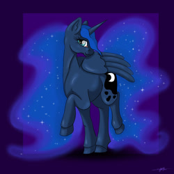 Size: 1000x1000 | Tagged: safe, artist:littlewolfstudios, imported from derpibooru, princess luna, bedroom eyes, commission, female, looking at you, missing accessory, night, pose, raised hoof, raised leg, smiling, solo