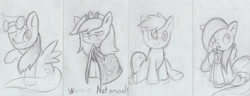 Size: 4661x1794 | Tagged: safe, artist:greenfinger, artist:parassaux, imported from derpibooru, derpy hooves, princess luna, clothes, filly, goggles, hoodie, juice box, monochrome, sketch dump, traditional art, unamused, woona