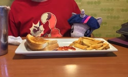 Size: 2448x1484 | Tagged: artist needed, safe, imported from derpibooru, twilight sparkle, human, cheese, cheese sandwich (food), cute, food, french fries, furry, grilled cheese, horn ring, irl, irl human, jin, jinlight, ketchup, photo, plushie, sauce, twiabetes, waifu dinner