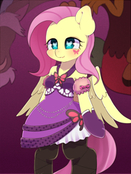 Size: 900x1200 | Tagged: safe, artist:ayahana, imported from derpibooru, discord, fluttershy, semi-anthro, arm hooves, clothes, dress