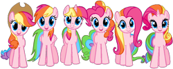 Size: 843x337 | Tagged: safe, artist:colossalstinker, color edit, imported from derpibooru, applejack, fluttershy, pinkie pie, rainbow dash, rarity, twilight sparkle, g3, g3 to g4, g4, generation leap, hugpony poses, mane six, palette swap