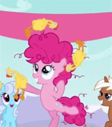 Size: 400x452 | Tagged: safe, imported from derpibooru, screencap, linky, pinkie pie, shoeshine, silver spanner, pinkie pride, animated, cropped, female, filly, juggling, rubber chicken