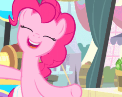 Size: 450x360 | Tagged: safe, imported from derpibooru, screencap, pinkie pie, earth pony, pony, pinkie pride, animated, asparagus, boop, cute, diapinkes, female, looking at you, mare, pointing at you, solo, sweet dreams fuel, twirl, underhoof