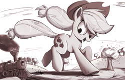 Size: 2000x1284 | Tagged: safe, artist:ncmares, imported from derpibooru, applejack, pony, cowboy hat, female, freckles, giant pony, giantess, hat, macro, monochrome, open mouth, race, running, signature, solo, stetson, train, tree