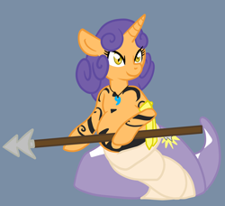 Size: 1204x1096 | Tagged: safe, artist:stickycrop, imported from derpibooru, oc, oc only, oc:kaynah, lamia, original species, snake pony, unicorn, belly, pregnant, solo, spear, weapon