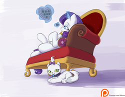 Size: 2000x1550 | Tagged: safe, artist:alasou, imported from derpibooru, opalescence, rarity, pony, unicorn, chocolate, fainting couch, female, glowing horn, levitation, lying down, magic, mare, on back, patreon, patreon logo, simple background, telekinesis