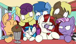 Size: 3507x2023 | Tagged: safe, artist:bobthedalek, imported from derpibooru, dj pon-3, long play, vinyl scratch, oc, earth pony, pony, unicorn, drinking straw, female, filly, male, mare, milkshake, stallion