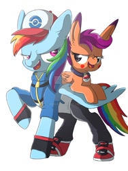 Size: 1024x1365 | Tagged: dead source, safe, artist:ibsn, imported from derpibooru, rainbow dash, scootaloo, pegasus, pikachu, pony, ash ketchum, clothes, collar, cosplay, costume, crossover, deviantart watermark, duo, female, long ears, obtrusive watermark, poké ball, pokéball, pokémon, scootapet, watermark