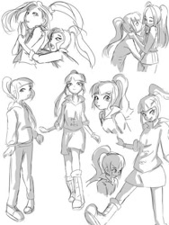 Size: 480x640 | Tagged: safe, artist:amazingpuffhair, imported from derpibooru, aria blaze, sonata dusk, equestria girls, arisona, crying, cute, female, grayscale, lesbian, looking at you, monochrome, shipping, smiling, sonatabetes