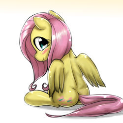 Size: 1000x1000 | Tagged: safe, artist:ushiro no kukan, imported from derpibooru, fluttershy, blushing, butt, cute, female, plot, shyabetes, sitting, solo