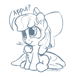 Size: 3000x3200 | Tagged: safe, artist:bobdude0, imported from derpibooru, apple bloom, adorabloom, apple, appul, chest fluff, cute, daaaaaaaaaaaw, female, hnnng, monochrome, mouth hold, solo, weapons-grade cute