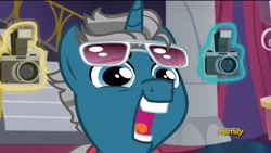 Size: 1920x1080 | Tagged: safe, imported from derpibooru, screencap, fashion plate, pony, unicorn, canterlot boutique, camera, discovery family logo, faic, fashion reaction, glasses, it begins, magic, magic aura, male, meme origin, shades mcgrey, solo, stallion, teeth, telekinesis