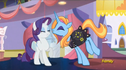 Size: 1499x831 | Tagged: safe, imported from derpibooru, screencap, rarity, sassy saddles, pony, unicorn, canterlot boutique, clothes, duo, female, lidded eyes, mare, mid-blink screencap, saddle bag