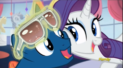 Size: 1507x835 | Tagged: safe, imported from derpibooru, screencap, fashion plate, rarity, canterlot boutique, magic, open mouth, shades mcgrey, smiling, squishy cheeks, telekinesis