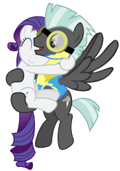 Size: 7000x10000 | Tagged: safe, artist:anxet, imported from derpibooru, rarity, thunderlane, pegasus, pony, absurd resolution, carrying, clothes, duo, eyes closed, female, flying, goggles, hug, lead pony badge, male, mare, rarilane, shipping, simple background, smiling, stallion, straight, transparent background, uniform, vector, wonderbolt trainee uniform