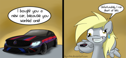 Size: 1089x504 | Tagged: safe, artist:kiyoshiii, imported from derpibooru, derpy hooves, pegasus, pony, car, comic, female, mare, solo, speech bubble, sweatdrop