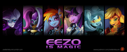 Size: 1280x527 | Tagged: safe, artist:zwitterkitsune, imported from derpibooru, applejack, fluttershy, pinkie pie, rainbow dash, rarity, twilight sparkle, anthro, clothes, crossover, ear piercing, edi, eezo is magic, helmet, hood, jack, liara t'soni, looking at you, mane six, mass effect, miranda lawson, open mouth, patreon, piercing, samara, tali'zorah vas normandy, teaser, text, twilight sparkle (alicorn)