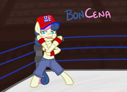 Size: 800x581 | Tagged: safe, artist:atlur, deleted from derpibooru, imported from derpibooru, bon bon, sweetie drops, pony, bedroom eyes, bipedal, bonafied, bonpun, clothes, crossover, hat, john cena, looking at you, meme, pants, smiling, smirk, solo, sweatband, topless, wrestling, wrestling ring, wristband, wwe, you can't see me