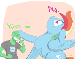 Size: 700x552 | Tagged: safe, artist:askcanadash, imported from derpibooru, rainbow dash, oc, oc:anon, human, pony, anon in equestria, anonymous, behaving like a cat, blushing, cute, dialogue, floppy ears, giant pony, grin, heart eyes, kiss me, macro, size difference, want it need it, wavy mouth, wingding eyes