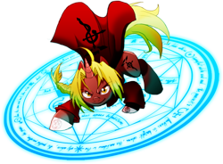 Size: 872x641 | Tagged: safe, artist:dormin-dim, artist:dormin-kanna, imported from derpibooru, pony, alchemy, edward elric, fullmetal alchemist, ponified, simple background, solo, transparent background