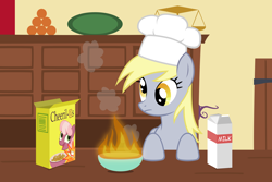 Size: 4500x3000 | Tagged: safe, artist:ohitison, imported from derpibooru, cheerilee, derpy hooves, pegasus, pony, bowl, cereal, cheerios, chef's hat, derpy being derpy, duo, female, fire, hat, high res, i just don't know what went wrong, mare, milk, parody, pimp hat, simpsons did it, solo, the simpsons, wat