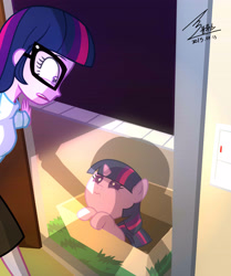 Size: 2972x3561 | Tagged: safe, artist:bluse, imported from derpibooru, sci-twi, twilight sparkle, human, pony, unicorn, equestria girls, adoption, baby, baby pony, babylight sparkle, box, cardboard box, cute, filly, filly twilight sparkle, foal, glasses, human ponidox, looking at each other, my little twily, pony in a box, sad, self paradox, show accurate, signature, twiabetes, unicorn twilight, wide eyes