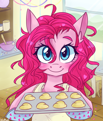 Size: 1700x2000 | Tagged: safe, artist:silbersternenlicht, imported from derpibooru, pinkie pie, earth pony, pony, alternate hairstyle, apron, blushing, clothes, cookie, cute, female, happy, heart, looking at you, mare, open mouth, oven mitts, smiling, solo