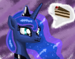 Size: 1024x807 | Tagged: safe, artist:platinumdrop, imported from derpibooru, princess luna, cake, female, portrait, sad, solo