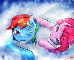 Size: 4724x3838 | Tagged: safe, artist:elzzombie, imported from derpibooru, pinkie pie, rainbow dash, dying, injured, snow, snowfall