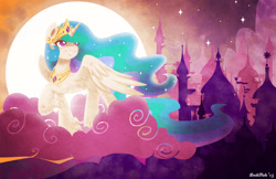 Size: 1280x828 | Tagged: safe, artist:abbystarling, imported from derpibooru, princess celestia, canterlot, female, grin, raised hoof, smiling, solo, unshorn fetlocks