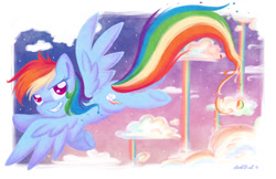 Size: 1280x828 | Tagged: safe, artist:abbystarling, imported from derpibooru, rainbow dash, female, flying, grin, solo, spread wings, underhoof