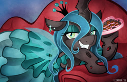 Size: 1280x828 | Tagged: safe, artist:abbystarling, imported from derpibooru, queen chrysalis, bedroom eyes, box of chocolates, chocolate, clothes, dress, female, grin, looking at you, piercing, smiling, solo