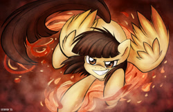 Size: 1280x828 | Tagged: safe, artist:abbystarling, imported from derpibooru, wild fire, badass, fire, grin, smirk, solo, spread wings