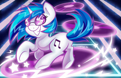 Size: 1280x828 | Tagged: safe, artist:abbystarling, imported from derpibooru, dj pon-3, vinyl scratch, female, grin, plot, raised hoof, solo, underhoof