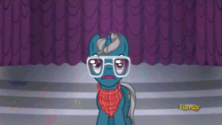 Size: 500x281 | Tagged: safe, imported from derpibooru, screencap, fashion plate, canterlot boutique, animated, caption, cute, discovery family logo, floppy ears, happy, male, reaction image, solo, success, sunglasses