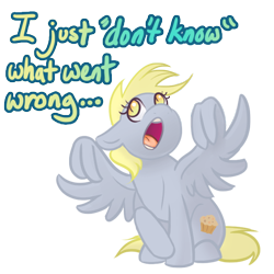 Size: 576x576 | Tagged: safe, artist:katotter, imported from derpibooru, derpy hooves, pegasus, pony, air quotes, alternate cutie mark, female, i just don't know what went wrong, implied changeling, implying, simple background, solo, transparent background, wing hands, wingquotes