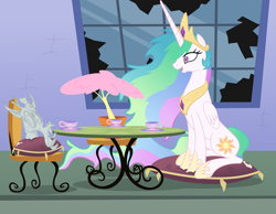 Size: 6000x4658 | Tagged: safe, artist:magister39, imported from derpibooru, discord, fluttershy, princess celestia, absurd resolution, bad end, bonsai, broken horn, broken window, canterlot, chair, decapitated, fluttertree, implied murder, insanity, messy mane, open mouth, petrification, pillow, plant tf, severed head, sitting, snaplestia, solo, statue, table, tea, teacup, transformation, tree, window