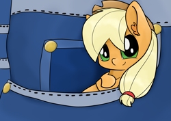 Size: 4093x2894 | Tagged: safe, artist:cutepencilcase, imported from derpibooru, applejack, cute, ear fluff, female, jackabetes, micro, pocket, pocket pony, smiling, solo