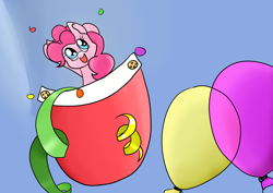 Size: 4093x2894 | Tagged: safe, artist:cutepencilcase, imported from derpibooru, pinkie pie, :d, balloon, confetti, female, pocket, pocket pony, smiling, solo, streamers