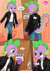 Size: 1024x1447 | Tagged: safe, artist:bbmbbf, deleted from derpibooru, imported from derpibooru, spike, anthro, comic:sex ed with twilight sparkle, equestria untamed, clothes, comic, leather jacket, palcomix, tunnel snakes, tunnel snakes rule