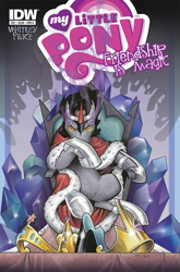 Size: 791x1200 | Tagged: safe, artist:andypriceart, idw, imported from derpibooru, king sombra, siege of the crystal empire, spoiler:comic, spoiler:comic37, cover, crown, male, regalia, solo, throne, throne slouch