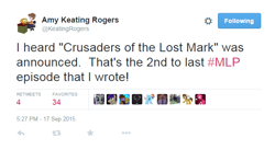 Size: 630x346 | Tagged: safe, imported from derpibooru, crusaders of the lost mark, amy keating rogers, text, twitter