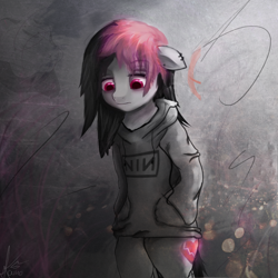 Size: 3000x3000 | Tagged: safe, artist:kaine, artist:ligerstorm, imported from derpibooru, oc, oc only, oc:miss eri, pony, semi-anthro, /mlp/, bipedal, black and red mane, emo, female, headphones, nine inch nails, sad, solo, two toned mane