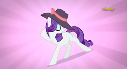 Size: 1920x1045 | Tagged: safe, imported from derpibooru, screencap, rarity, pony, rarity investigates, season 5, discovery family logo, eyes closed, female, hat, mare, pink background, pose, simple background, sunburst background