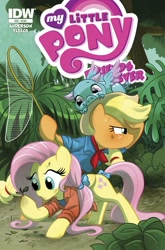 Size: 791x1200 | Tagged: safe, artist:amy mebberson, artist:amymebberson, idw, imported from derpibooru, applejack, fluttershy, pig, pigasus, spoiler:comic, alan grant, camping, clothes, cover, duo, ellie sattler, jurassic park, tail bow