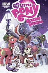 Size: 791x1200 | Tagged: safe, artist:brendahickey, idw, imported from derpibooru, big macintosh, princess luna, rarity, toe-tapper, torch song, earth pony, pony, spoiler:comic, caroling, christmas carols, cover, hat, male, ponytones, singing, snow, snowfall, stallion, the ponytones, traditional royal canterlot voice