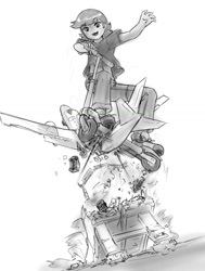 Size: 928x1227 | Tagged: safe, artist:alloyrabbit, imported from derpibooru, scootaloo, equestria girls, clothes, destruction, female, giantess, macro, midriff, monochrome, open mouth, pants, plane, ramp, riding, scooter, shirt, shoes, solo